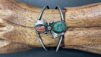 Delicate Native American Sterling Silver  Bracelet With Turquoise & Coral -  J4 - (BR3)