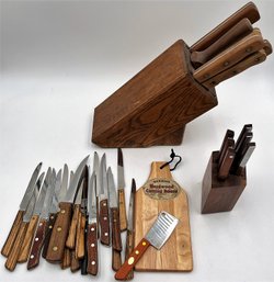 Large Lot Of Knives W/ Block And Cutting Board