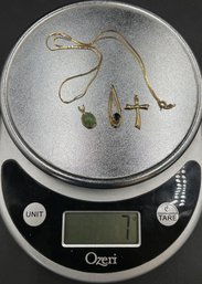 18 Inch 14K Gold Chain With Three 14k Pendants (cross, Jade, & Sapphire) J5 - (BR3)