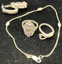 Sterling Jewelry Stamped 925 - 2 Rings, Bracelet, Earrings (#11)
