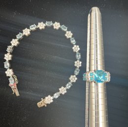 Aquamarine & Diamond Bracelet With Blue Zircon & Diamond Ring, Both Set In Sterling Silver #43