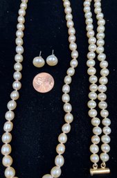 Pearl Necklace, Bracelet & Earrings Set In Sterling Silver  #54