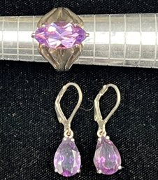 Large Amethyst Ring & Earrings Set In Sterling Silver #63