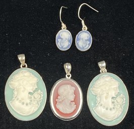 Cameo Pendants & Earrings Set In Sterling Silver  #66