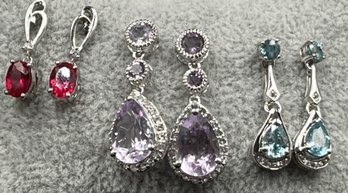 Stunning Gemstone & Diamond Earrings Set In Sterling Silver.  #68