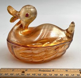 Vintage Carnival Glass Yellow-gold Trinket Dish With Playful Duck Design