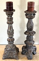 2 Tall Ornate Wood Candle Holders