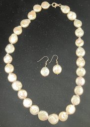 Matching Pearl Necklace & Earrings In Sterling Silver Settings #83