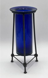 Cobalt Blue Glass Vase On Metal Stand