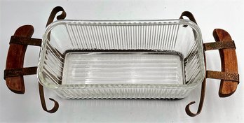 1920's Vintage Hammered Copper Casserole Holder With Vintage Ribbed Federal Glass Casserole Dish