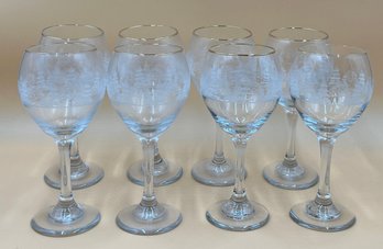 Set Of 8 Christmas Themed Wine Glasses With Gold Tone Rims