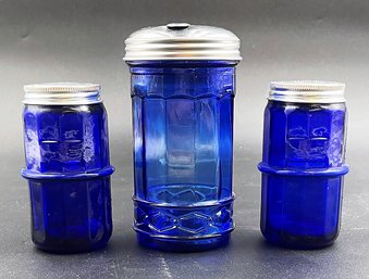 Set Of 3 Vintage Cobalt Blue Glass Jars With Screw-top Silver Metal Lids - Sugar &  Salt N Pepper