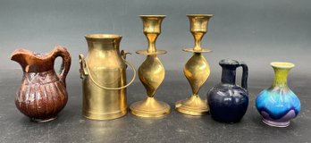 Collection Of Small Vases & Brass Candlestick Holders