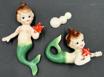 Rare Pair Of Vintage Norcrest Japan Ceramic Mermaid Wall Hanging - (FR)