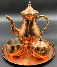 Vintage Solid Copper Teapot With Sugar & Creamer On Tray - (FR)