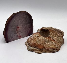 Agate Geode With Spot For Light & Sandstone Candle Holder