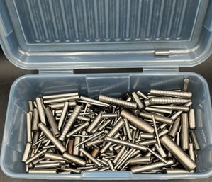 Huge Bundle Of Assorted Size Dowel Pins Threaded & Blanks In Storage Tote - (TBL3)