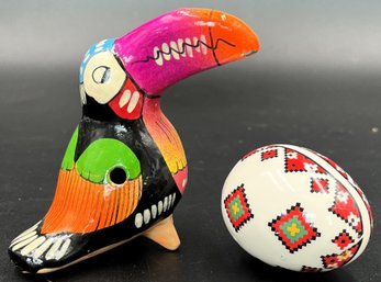 Painted Ceramic Parrot & Egg - (KS)