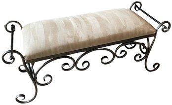 Padded Taupe Faux Suede Bench With Metal Scroll Base - (B1)