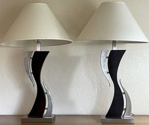 Set Of 2 Wood/silver Metal Modern Lamps With Shades - (B1)