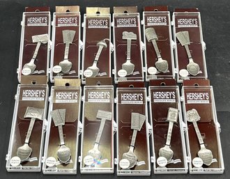 Lot Of 12 Pewter Hershey Commemorative Spoons New In Packaging - (T34)
