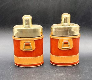 Lot Of 2 Glass Flasks In Leather Case