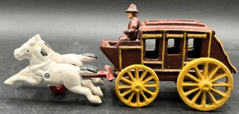 Vintage Cast Iron Horse-Drawn Stage Coach Metal Toy With Cowboy Driver - (a1)