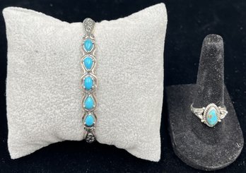 Turquoise Bracelet & Ring Set In Sterling Silver #91