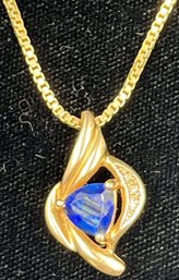 Gorgeous Sapphire & Diamond Pendant Set In 14KT Gold, On 14KT Gold Chain #95