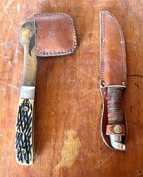 Vintage Axe & Knife In Leather Sheaths