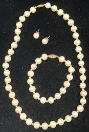 Pearl Necklace With Matching Bracelet & Earrings - All Set In 14KT Gold #111