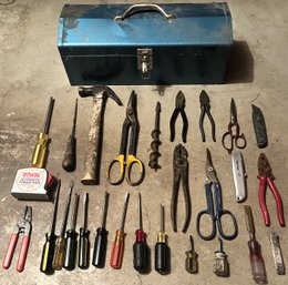 Lot Of 27 Tools In Vintage Metal Toolbox - (GW)