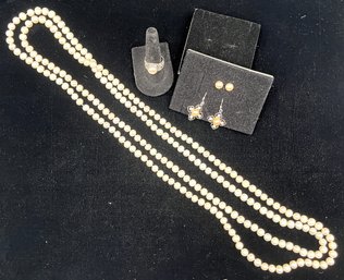 Long Strand Pearl Necklace With Ring & 2 Pairs Of Earrings - All Set In Sterling Silver #129