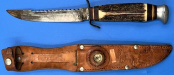 Vintage Antler Handle Knife With Leather Compass Sheath - (GW)
