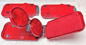 Set Of 3 Vintage Miro-Flare Red Emergency Roadside Reflector Set In Metal Case