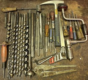 Over 30 Tools/Drill Bits In Vintage Metal Tool Box