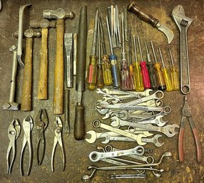 Over 60 Tools In Vintage Metal Tool Box