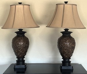 Pair Of Wood & Resin Ornate Table Lamps - (G)