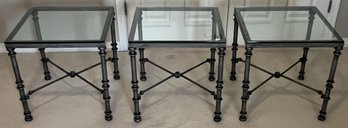 Set Of 3 Metal Glass Top End Tables - (G)