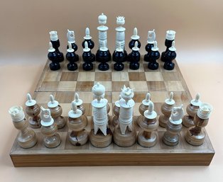Vintage Wood & Carved Bone Chess Set - Foldable Portable Wood Board/case