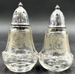 Antique Salt & Pepper Shakers With Etched Roses - (K4)