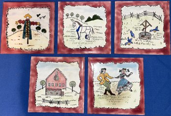 5 Hand Painted Tiles/trivets, Signed MC 6 Square People, Farm Scenes #3 -  (BB3)