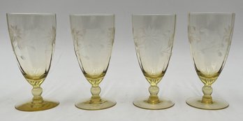 Lot Of 4 Vintage Yellow Etched Glasses - (HC)