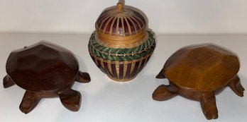 Wood Turtles & Wood/Wicker Basket - (B)