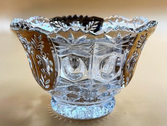 Lead Crystal Footed  Glass Bowl Clear/Goldtone Floral