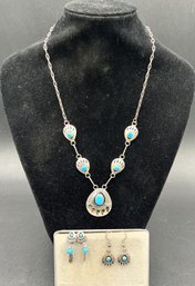 Gorgeous Southwester Sterling Silver & Turquoise Necklace With 2 Pairs Earrings J32 - (HC)