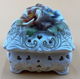 Capodimonte Style Porcelain Lidded Trinket Box With Flowers And Cut-out Square Base