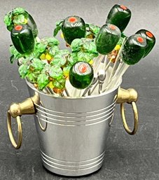 Stainless Steel Bucket Mini Filled With Glass & Metal Cocktail Skewers - (K15)