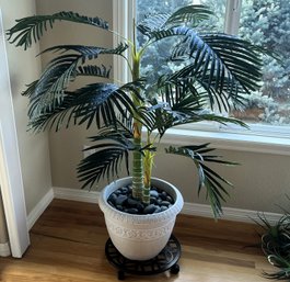 Faux Areca Palm Plant In Plastic Planter On Cast Iron Rolling Plant Caddy (1 Of 2)- (KDR)