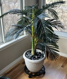 Faux Areca Palm Plant In Plastic Planter On Cast Iron Rolling Plant Caddy (2 Of 2)- (KDR)